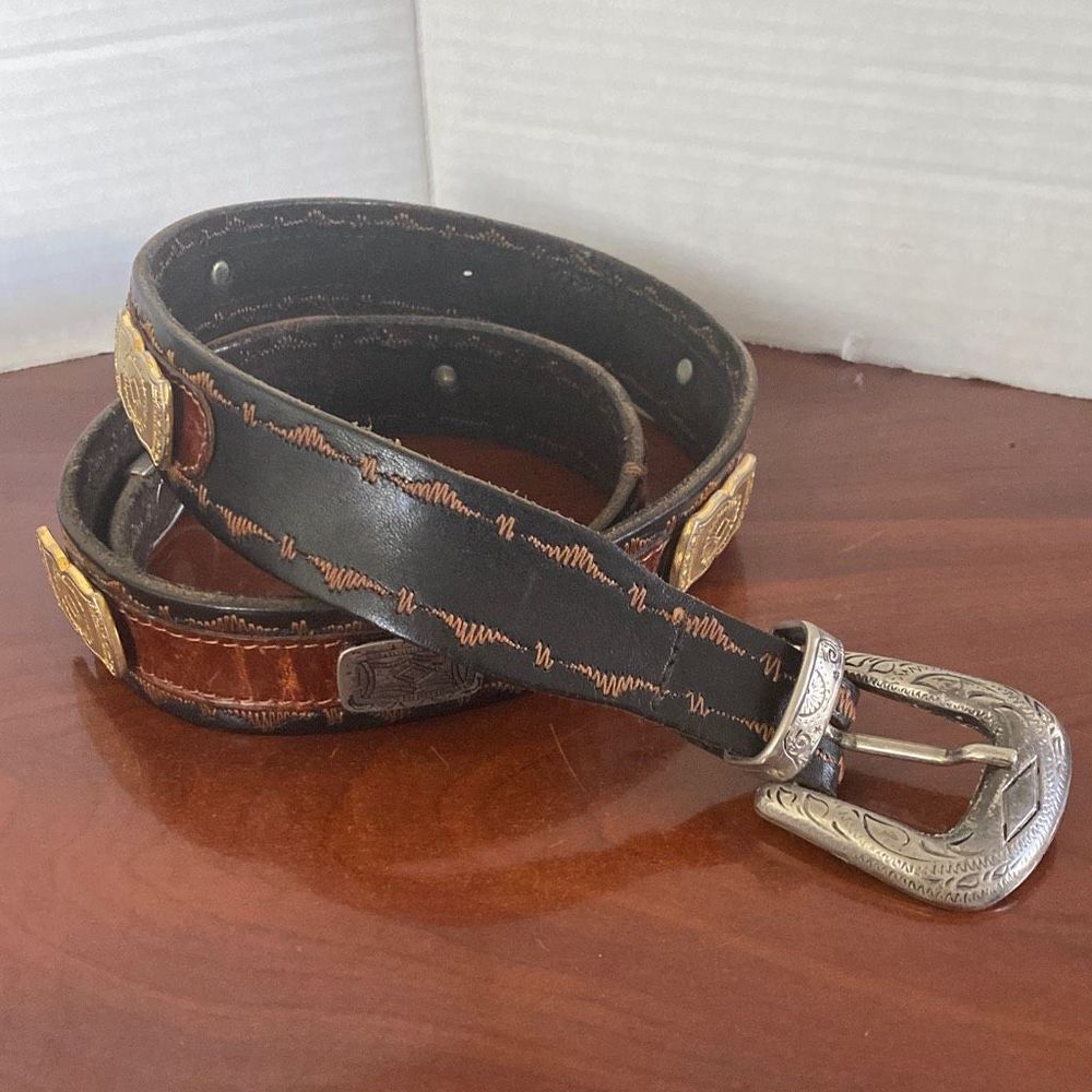 Vintage La Doppia Vita black & brown leather western studded belt Women 36